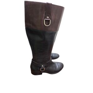 Ralph Lauren Black & Brown Riding Boots Size 8.5B Silver Buckle Tall Leather